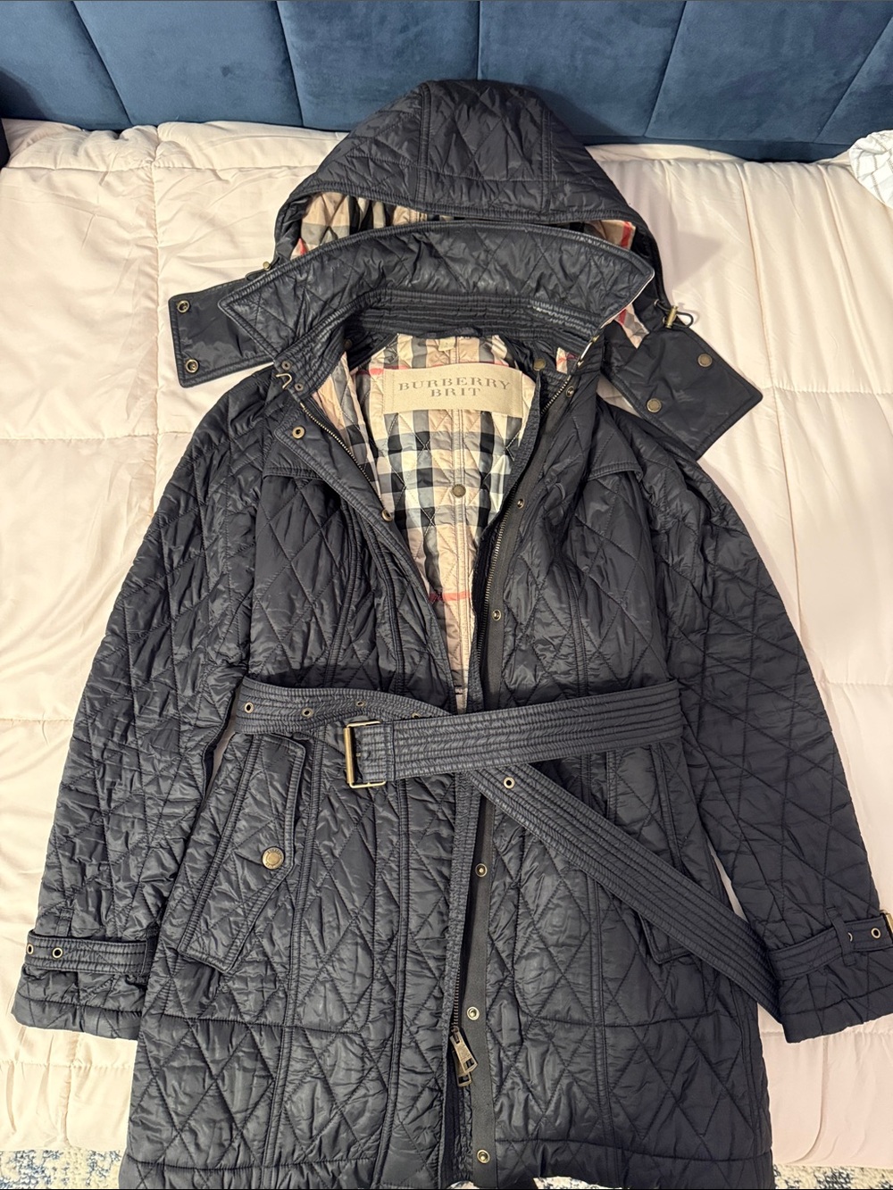 Burberry Black Quilted Belted Hooded Trench Coat with Signature Check Lining